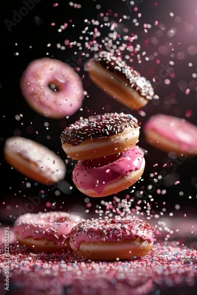 Fototapeta Colorful Donuts in mid air: An assortment of vibrant colored donuts, some falling in mid air. Showcasing the variety and flavors. Banner, background, poster.