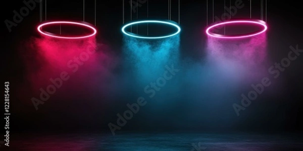 Fototapeta Vibrant neon lights with smoke create an energetic atmosphere, suitable for event promotions, nightlife, and music festivals.