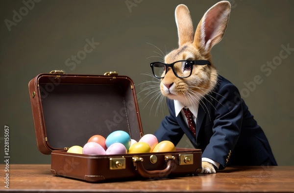 Fototapeta An Easter white bunny in a business suit and glasses stands next to a brown suitcase full of colorful eggs on a dark background. The concept of the Easter holiday, business, creative idea.