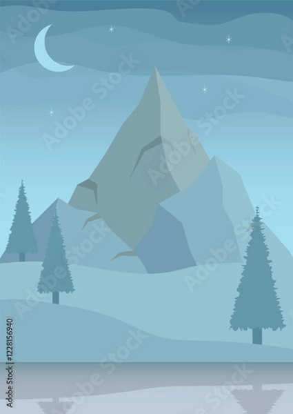 Fototapeta Winter night landscape with ice mountains, frozen lake and trees
