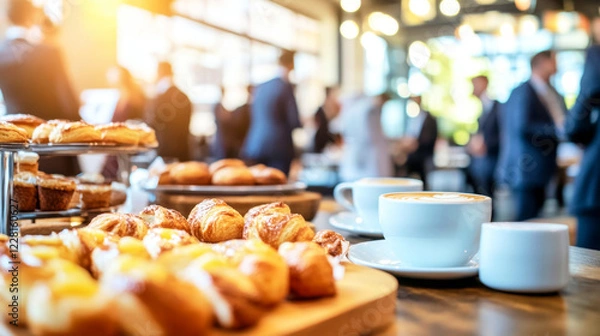 Fototapeta Corporate breakfast networking with cappuccinos and pastries for business professionals