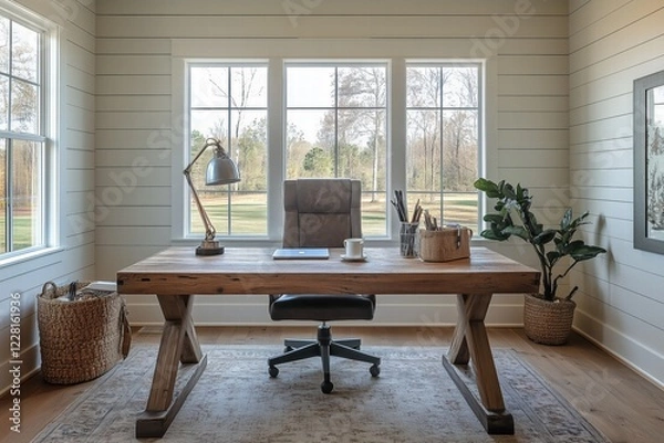 Fototapeta A Modern farmhouse interior design style home office featuring a large wooden desk with a comfortable chair, a stylish lamp, and decorative plants. Large windows provide natural light.