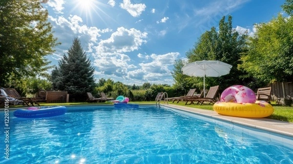 Fototapeta Backyard Pool Scene With Inflatable Rings And Lounge Chairs