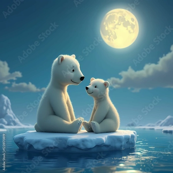 Obraz Polar Bear and Cub under the moon