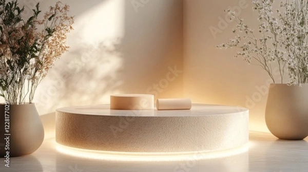Fototapeta A round pedestal podium with a cosmetics product elegantly displayed, soft ambient lighting creating a sophisticated atmosphere for a high-end beauty brand presentation.