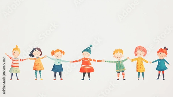 Fototapeta 手をつないで微笑む子供たちのイラスト