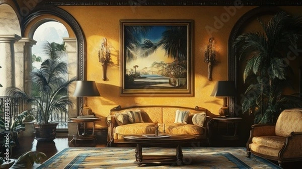 Fototapeta Sunlit Mediterranean Living Room With Palm Trees And Antique Furniture