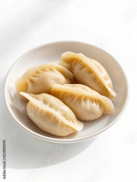 Obraz Delicious homemade dumplings served in a white bowl on a light background