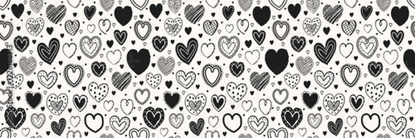 Fototapeta Seamless pattern with hand drawn hearts. Background with elements in cartoon style. Doodles. Design for Valentine’s Day, Mother’s Day and Women’s Day. Vector illustration