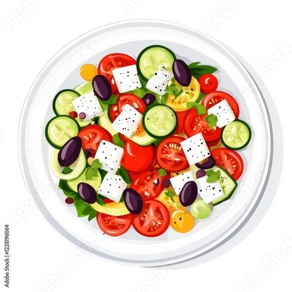 Obraz A plate of colorful Greek salad with tomatoes, cucumbers, and feta cheese