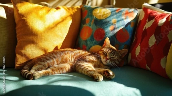 Obraz Cozy cat naps on colorful outdoor cushions in sunlight