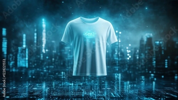 Fototapeta White T shirt Hovers Over Futuristic Cityscape