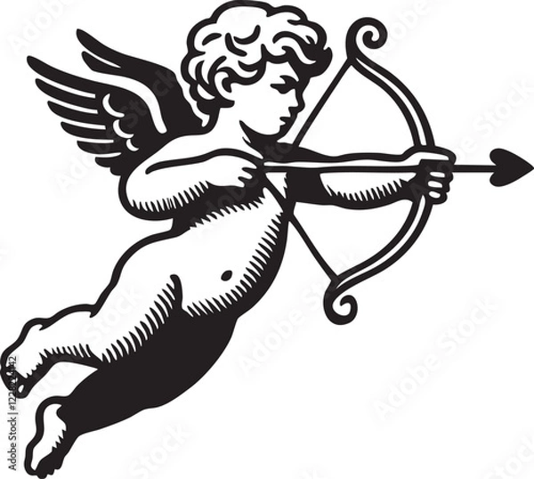 Fototapeta cupid with bow and arrow sketch engraving vector illustration. T-shirt apparel print design. Scratch board imitation. Black and white hand drawn image.