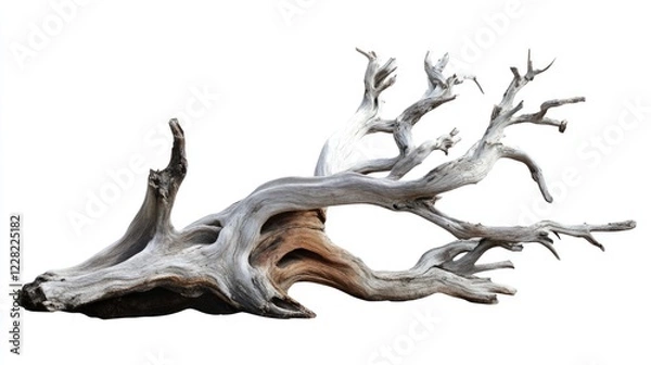 Fototapeta Isolated Aged Driftwood on White Background, Unique Tree Branch from the Sea