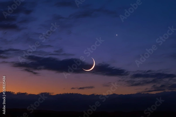 Fototapeta A crescent moon dances with Venus on a blue backdrop as night fall slowly blankets an evening sky dotted with wispy clouds showing hues of purple and orange.