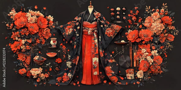 Fototapeta Kimono decorated with red flowers on a black background, accompanied by tableware and traditional Japanese elements. Generated with AI.