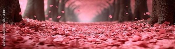 Fototapeta Dreamy Cherry Blossom Orchard in Full Spring Bloom with Falling Petals and Soft Pink Serenity