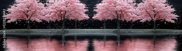 Fototapeta Dreamy Cherry Blossom Orchard in Full Spring Bloom with Falling Petals and Soft Pink Serenity