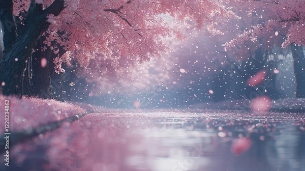 Fototapeta Dreamy Cherry Blossom Orchard in Full Spring Bloom with Falling Petals and Soft Pink Serenity