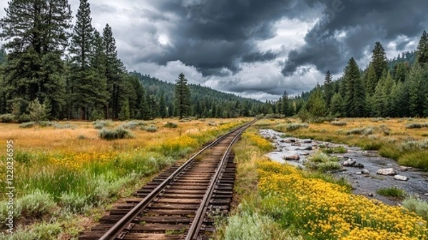 Obraz Cloudy day along abandoned railway tracks beside a vibrant meadow in a serene forest landscape
