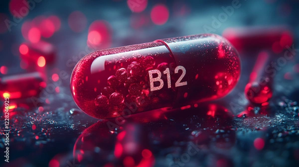 Obraz Close-up of a deep red vitamin B12 capsule with a semi-transparent design, showcasing the vibrant red capsules inside, placed on a colorful background.
