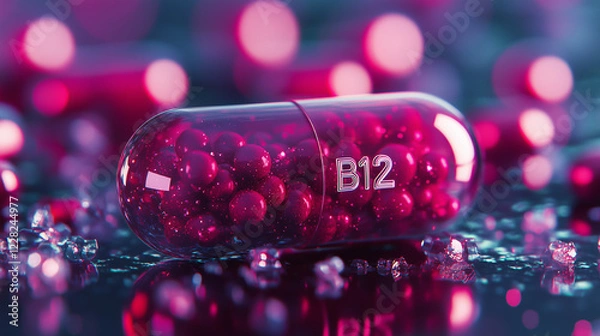 Fototapeta Close-up of a deep red vitamin B12 capsule with a semi-transparent design, showcasing the vibrant red capsules inside, placed on a colorful background.