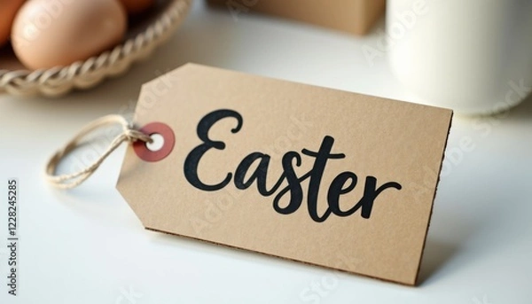 Fototapeta Close-up of cardboard Easter price tag with handwritten font on white surface