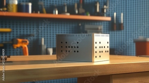 Fototapeta Metal Box With Holes Sits On Wooden Workshop Table