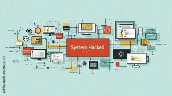 Fototapeta System hacked illustration with various digital devices and alerts