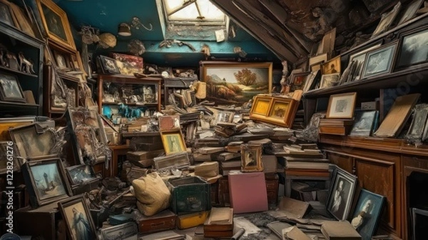 Fototapeta A cluttered attic overflowing with antique paintings and frames