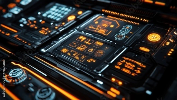 Fototapeta Futuristic Technology Interface:  A Close-Up View of a Sleek,  High-Tech Control Panel with Glowing Orange and Blue Details.