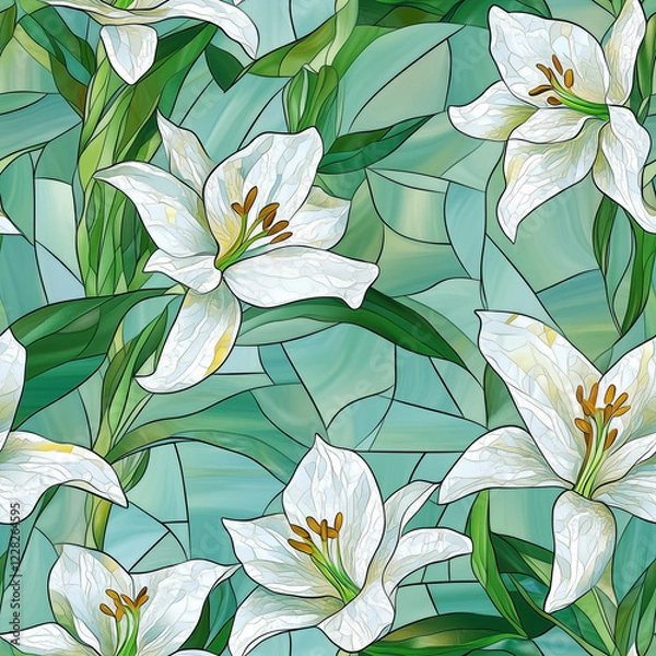 Fototapeta Seamless pattern, stained glass style featuring white lily flowers on a light green background