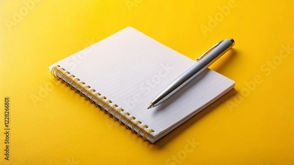 Fototapeta Minimalist White Notebook & Pen on Vibrant Yellow Background - Ready for Notes & Ideas - Tilt-Shift Photography