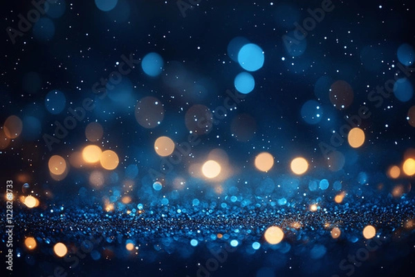 Fototapeta Golden Bokeh and Glowing Particles on Blue Background with Shimmering Lights for Festive, Elegant, and Celebration Designs