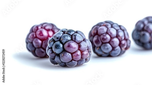 Fototapeta Frozen blackberries covered in frost crystals on white background, macro food photography showing detailed texture and natural purple color variation.