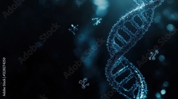 Fototapeta An abstract representation of a human DNA strand with floating medical symbols, set against a dark background, Scientific style