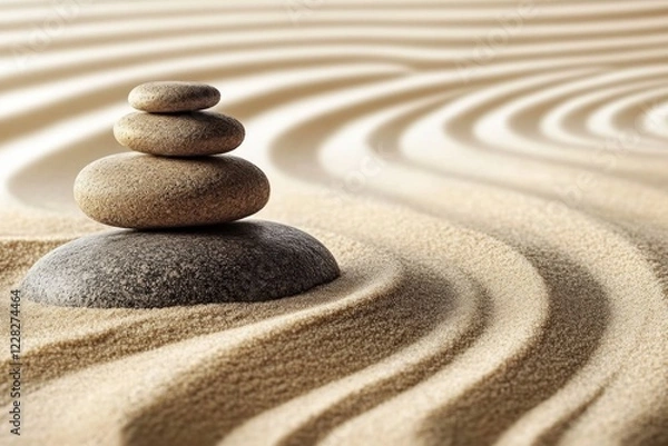 Fototapeta Smooth stones are arranged in balance on raked sand, creating a peaceful zen garden atmosphere