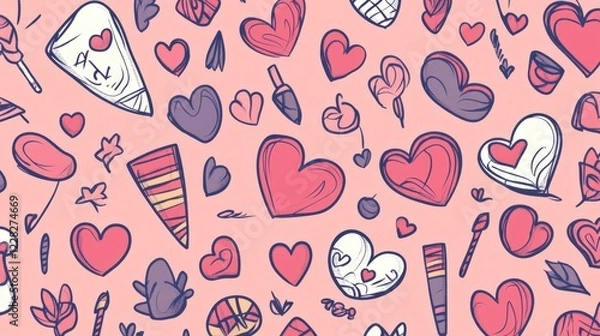 Fototapeta Pink Valentine's Day Doodle Pattern Background