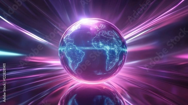 Obraz Spinning globe showcases glowing contour lines against a dynamic backdrop of colorful light streams. Generative AI
