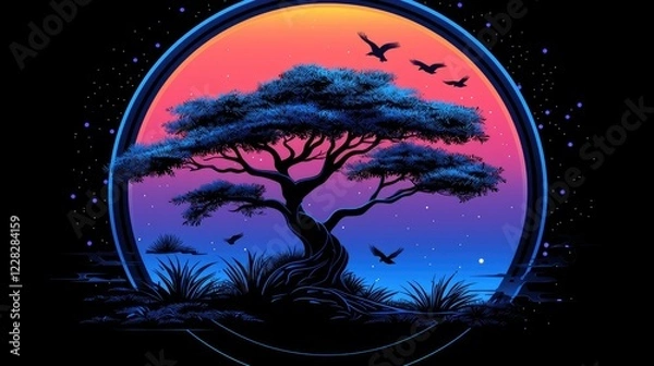 Fototapeta Mystical Star Wars-Inspired Glowing Tree with Cosmic Force Energy, Vibrant Colors, and Ethereal Galaxy