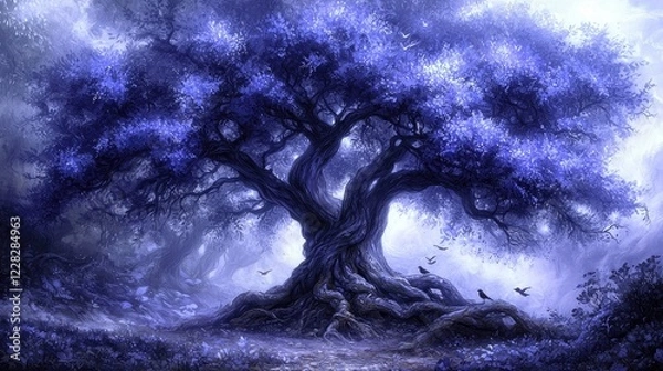 Fototapeta Mystical Star Wars-Inspired Glowing Tree with Cosmic Force Energy, Vibrant Colors, and Ethereal Galaxy