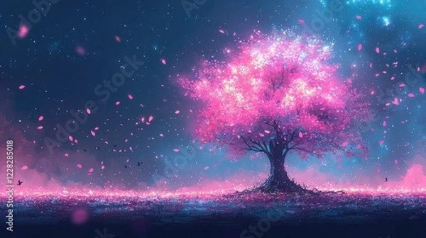 Fototapeta Mystical Star Wars-Inspired Glowing Tree with Cosmic Force Energy, Vibrant Colors, and Ethereal Galaxy