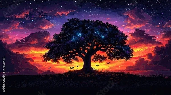 Fototapeta Mystical Star Wars-Inspired Glowing Tree with Cosmic Force Energy, Vibrant Colors, and Ethereal Galaxy