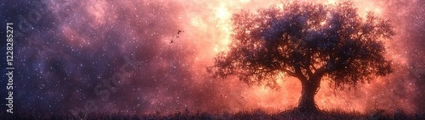 Fototapeta Mystical Star Wars-Inspired Glowing Tree with Cosmic Force Energy, Vibrant Colors, and Ethereal Galaxy