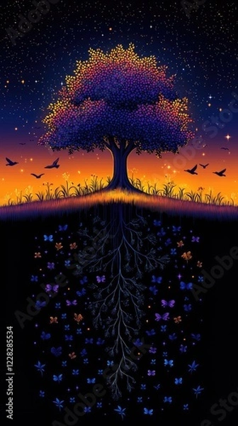 Fototapeta Mystical Star Wars-Inspired Glowing Tree with Cosmic Force Energy, Vibrant Colors, and Ethereal Galaxy