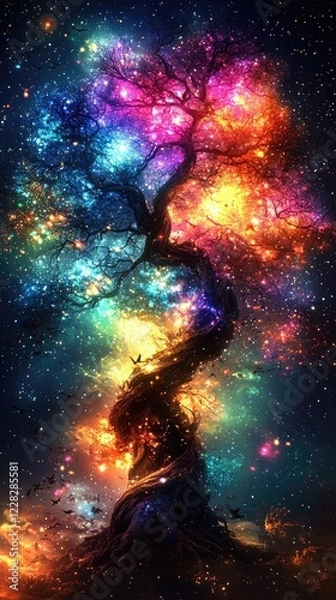 Fototapeta Mystical Star Wars-Inspired Glowing Tree with Cosmic Force Energy, Vibrant Colors, and Ethereal Galaxy