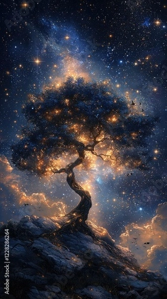 Fototapeta Mystical Star Wars-Inspired Glowing Tree with Cosmic Force Energy, Vibrant Colors, and Ethereal Galaxy