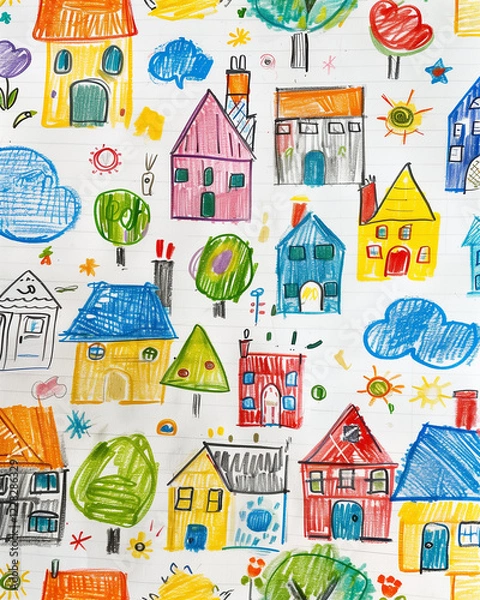 Obraz A notebook page filled with colorful children's drawings, crayon and colored pencil strokes, smiling stick figures, simple houses and trees, happy clouds