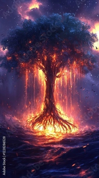 Fototapeta Mystical Star Wars-Inspired Glowing Tree with Cosmic Force Energy, Vibrant Colors, and Ethereal Galaxy