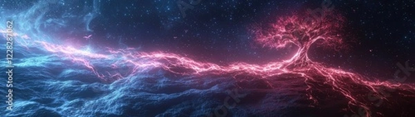 Fototapeta Mystical Star Wars-Inspired Glowing Tree with Cosmic Force Energy, Vibrant Colors, and Ethereal Galaxy